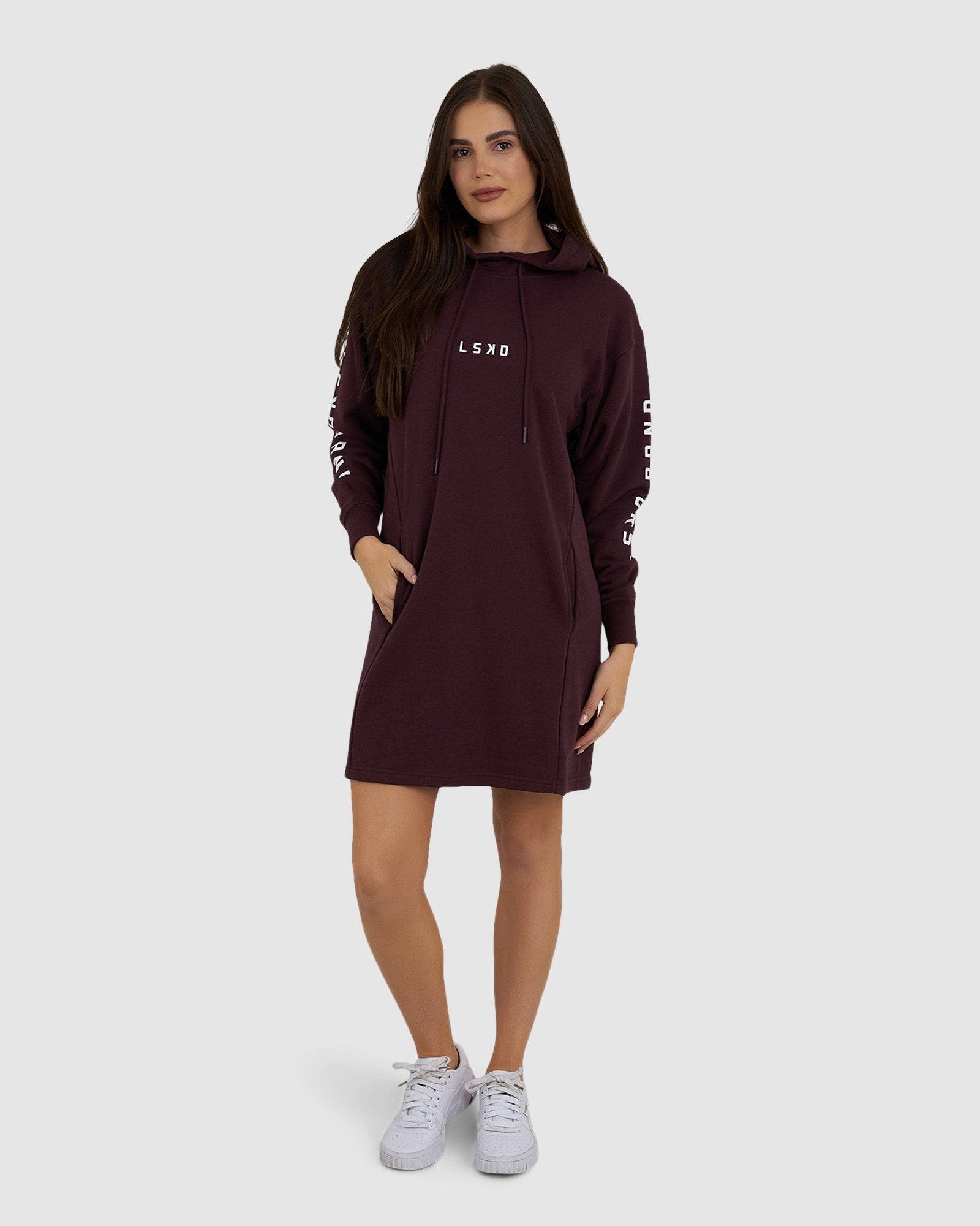Model wearing Perspective Pullover Dress - Fudge