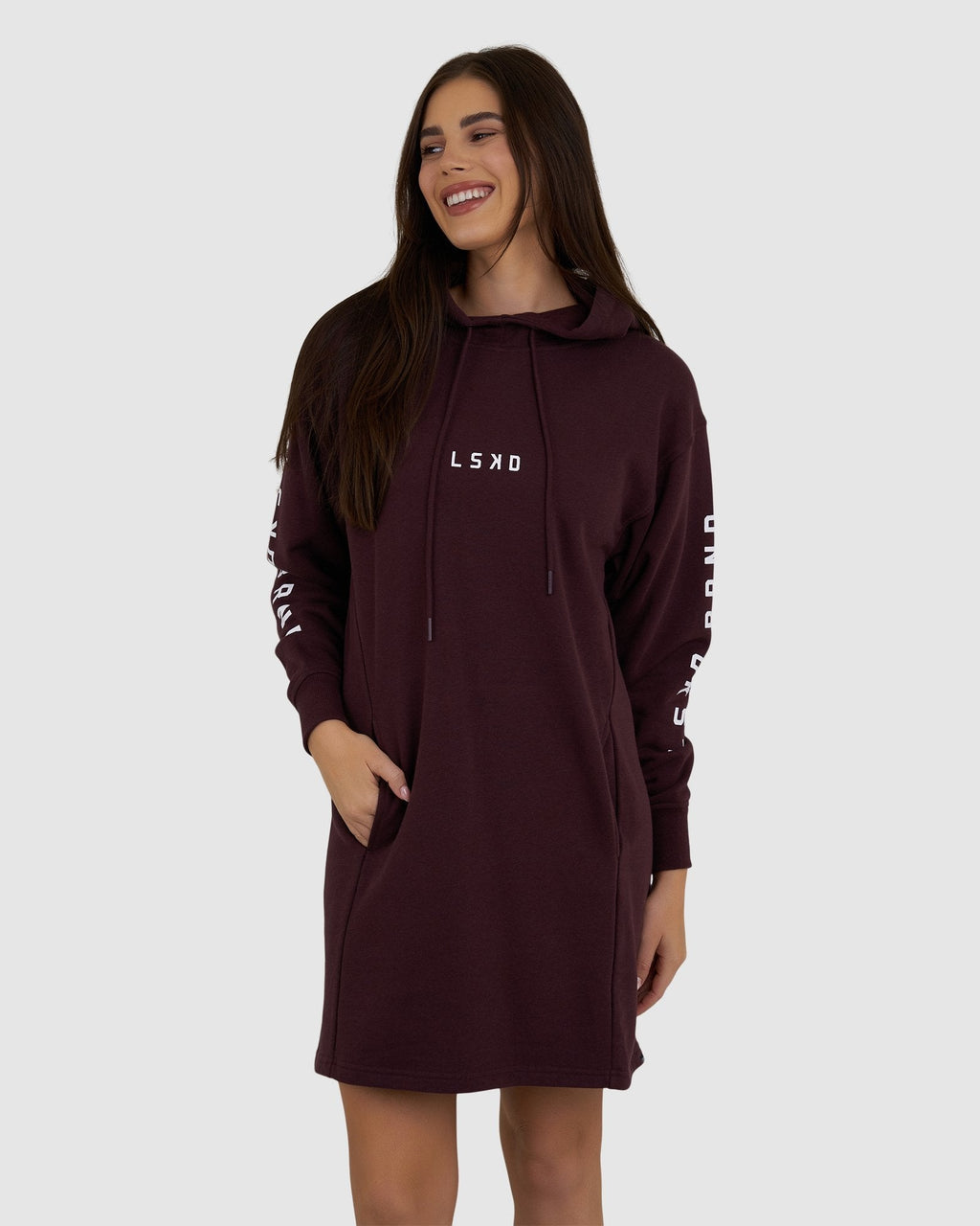 Model wearing Perspective Pullover Dress - Fudge