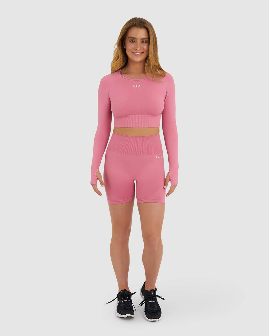 Model wearing Seamless LS Top - Bubblegum