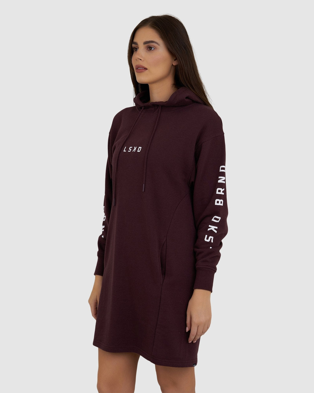 Model wearing Perspective Pullover Dress - Fudge