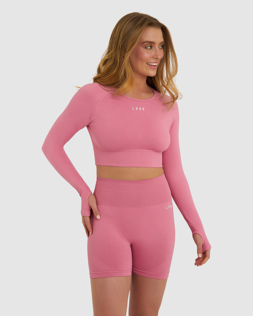 Model wearing Seamless LS Top - Bubblegum