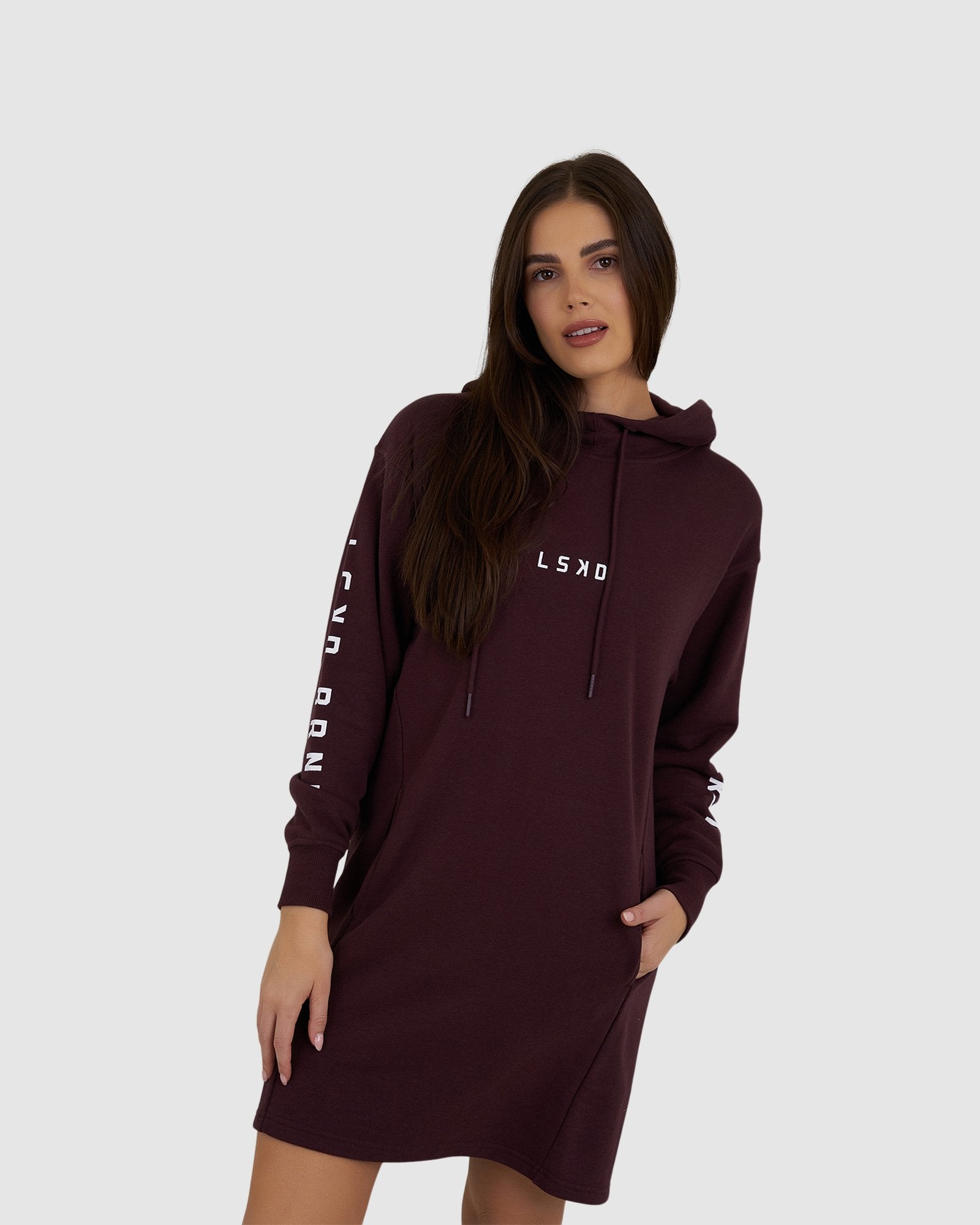 Model wearing Perspective Pullover Dress - Fudge