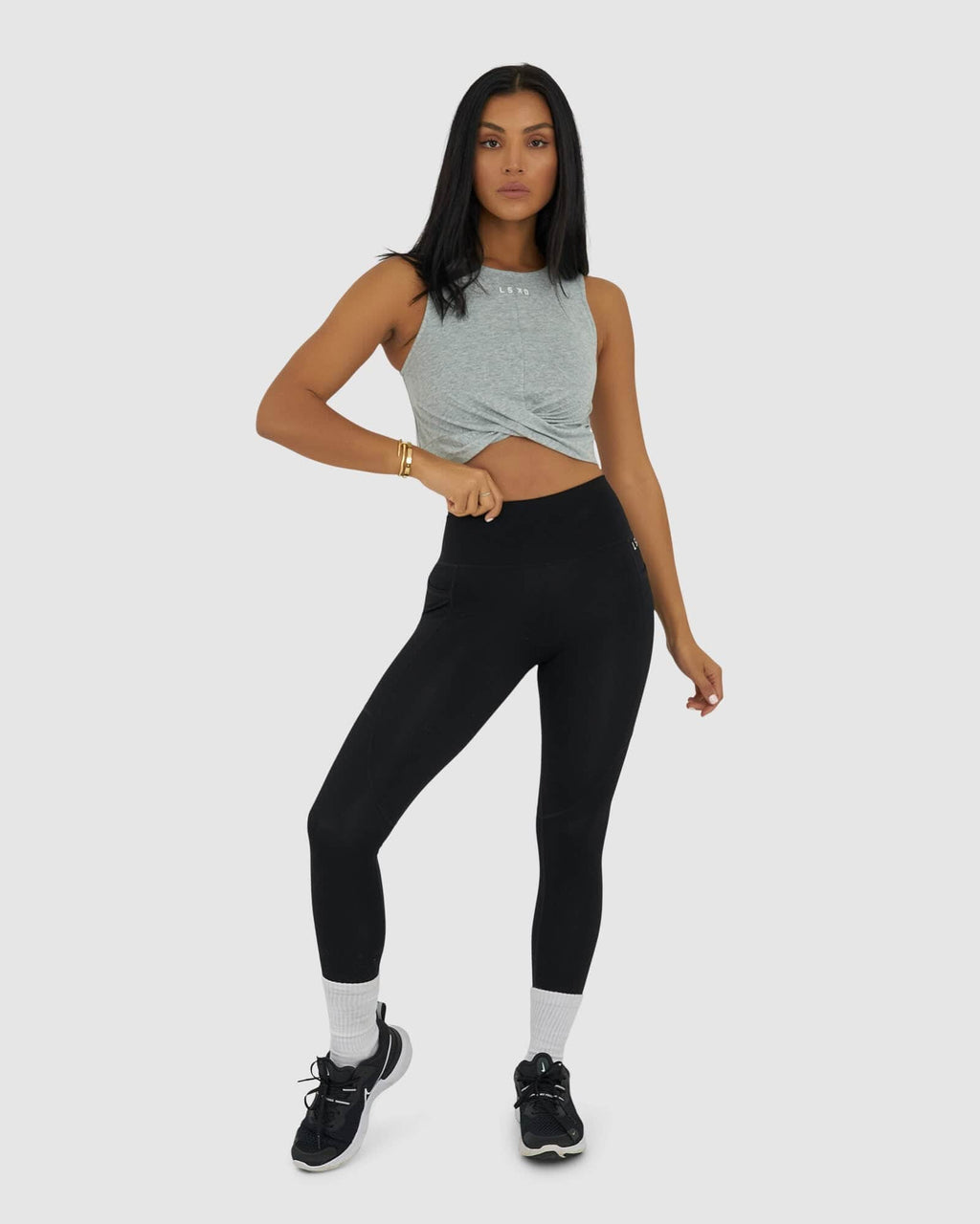 Model wearing Twist Tank - Lt Grey Marl
