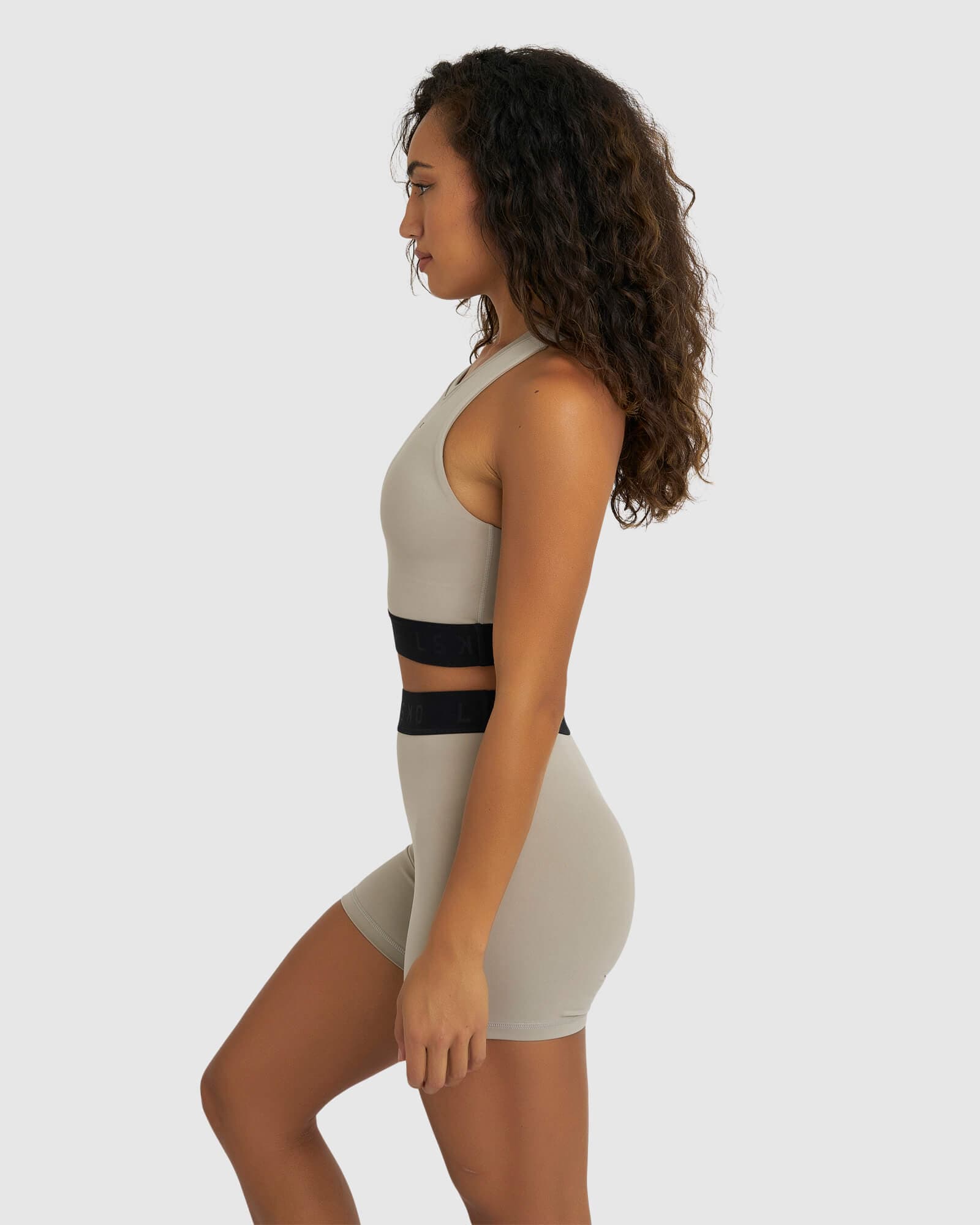 Model wearing Competition Sports Bra - Pewter