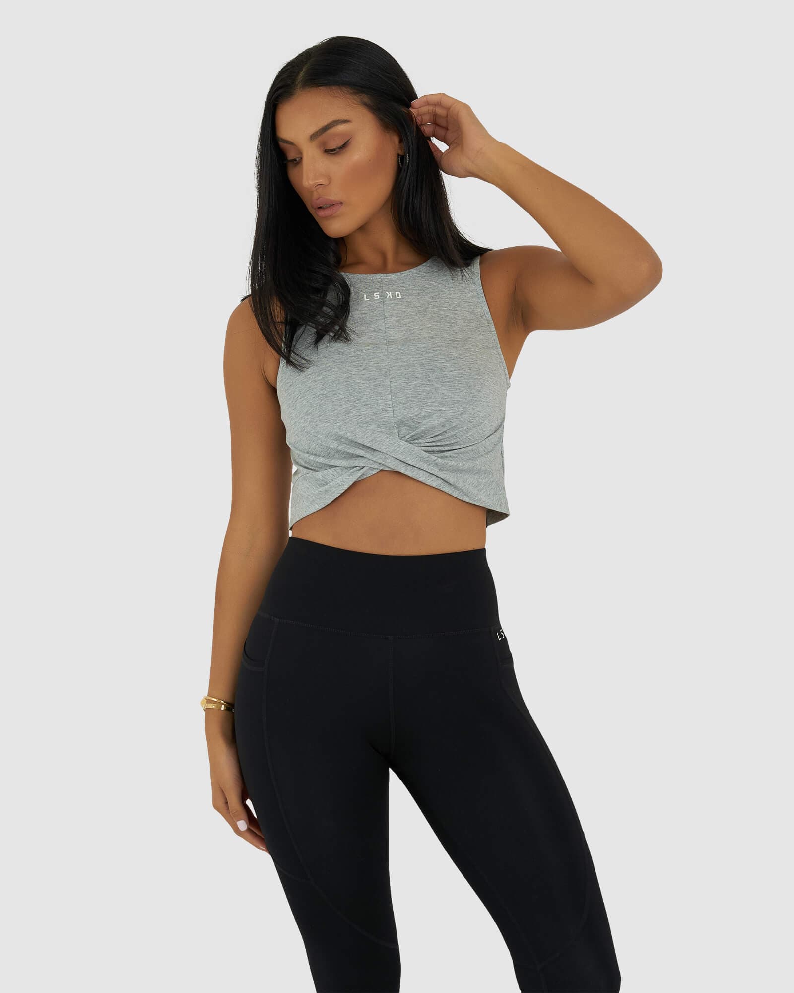 Model wearing Twist Tank - Lt Grey Marl