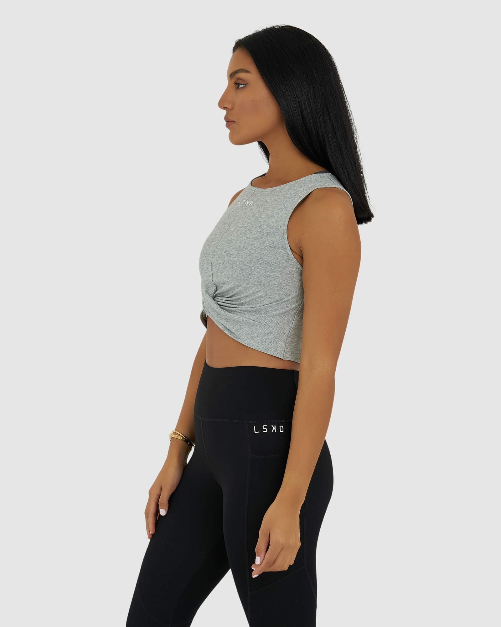 Model wearing Twist Tank - Lt Grey Marl