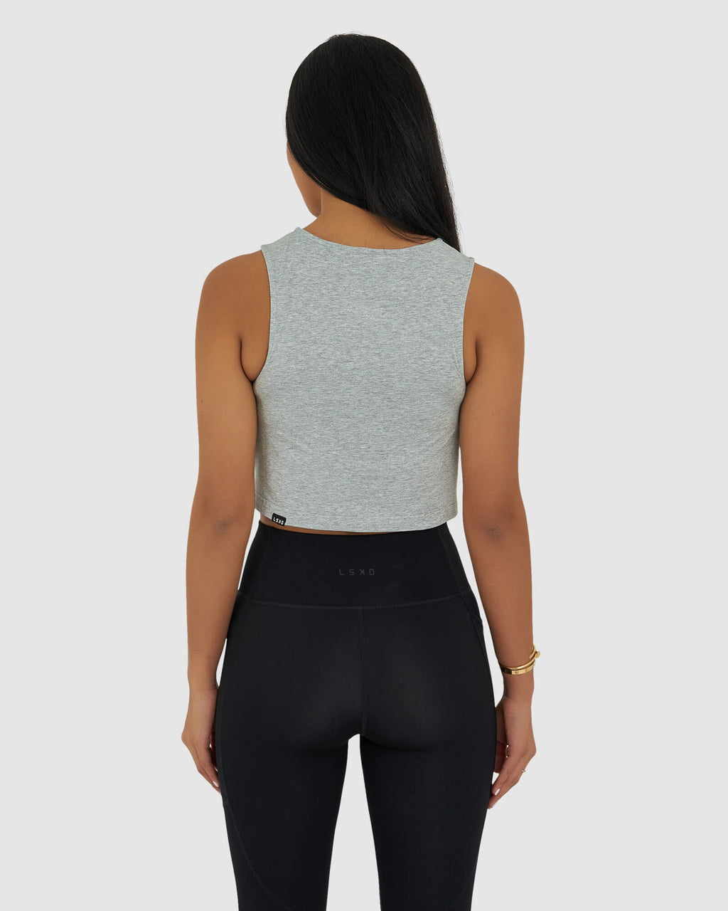 Model wearing Twist Tank - Lt Grey Marl