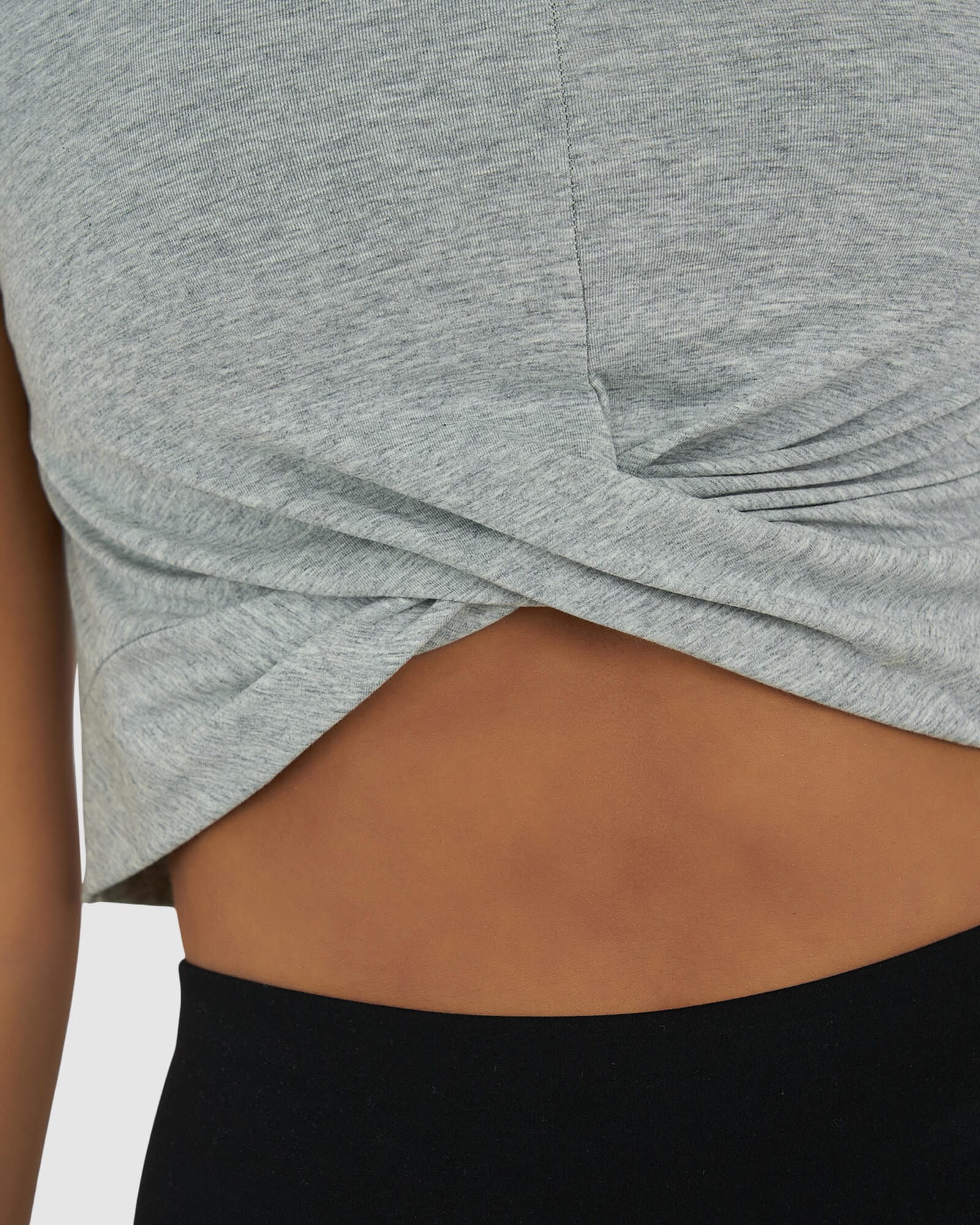 Model wearing Twist Tank - Lt Grey Marl