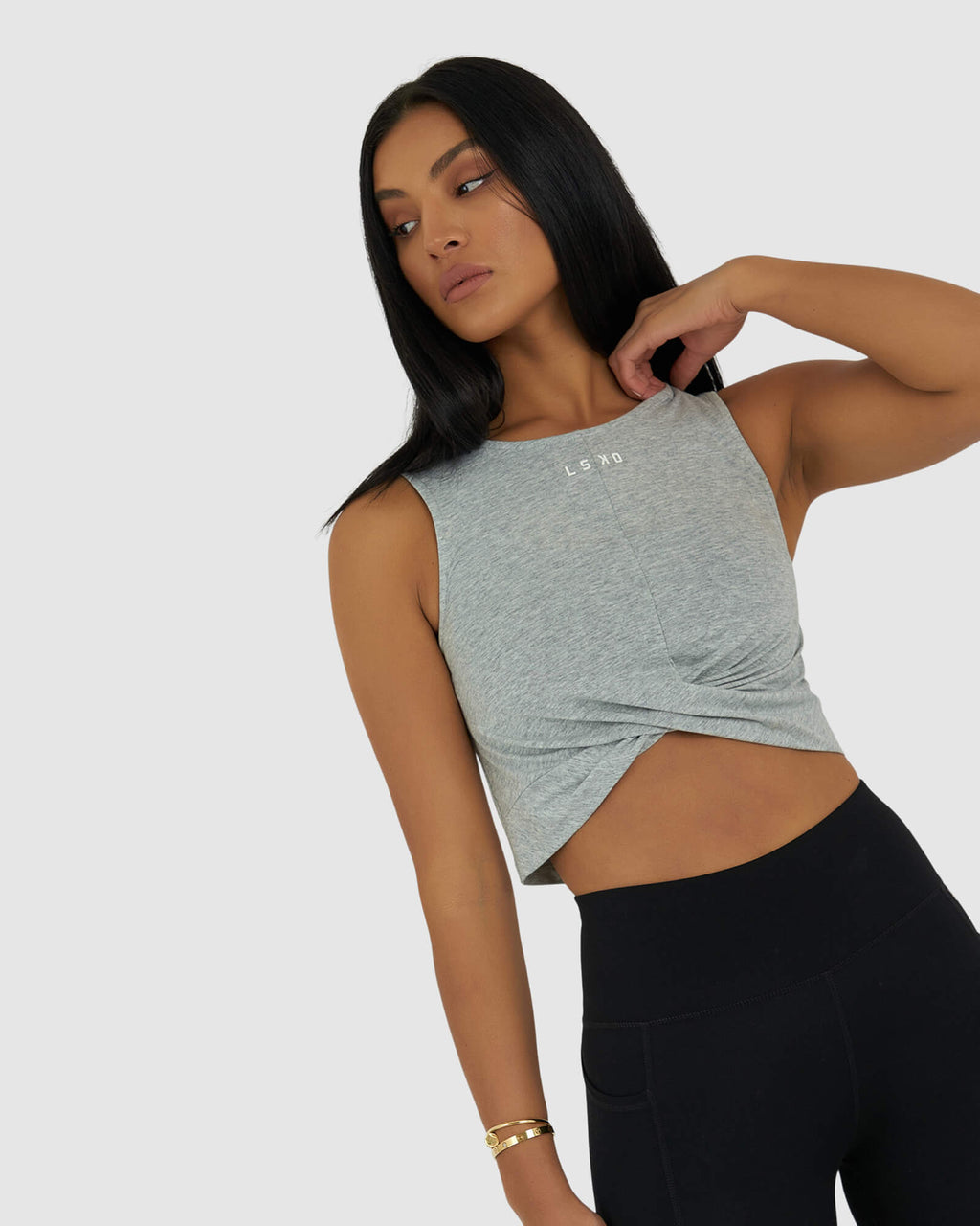 Model wearing Twist Tank - Lt Grey Marl
