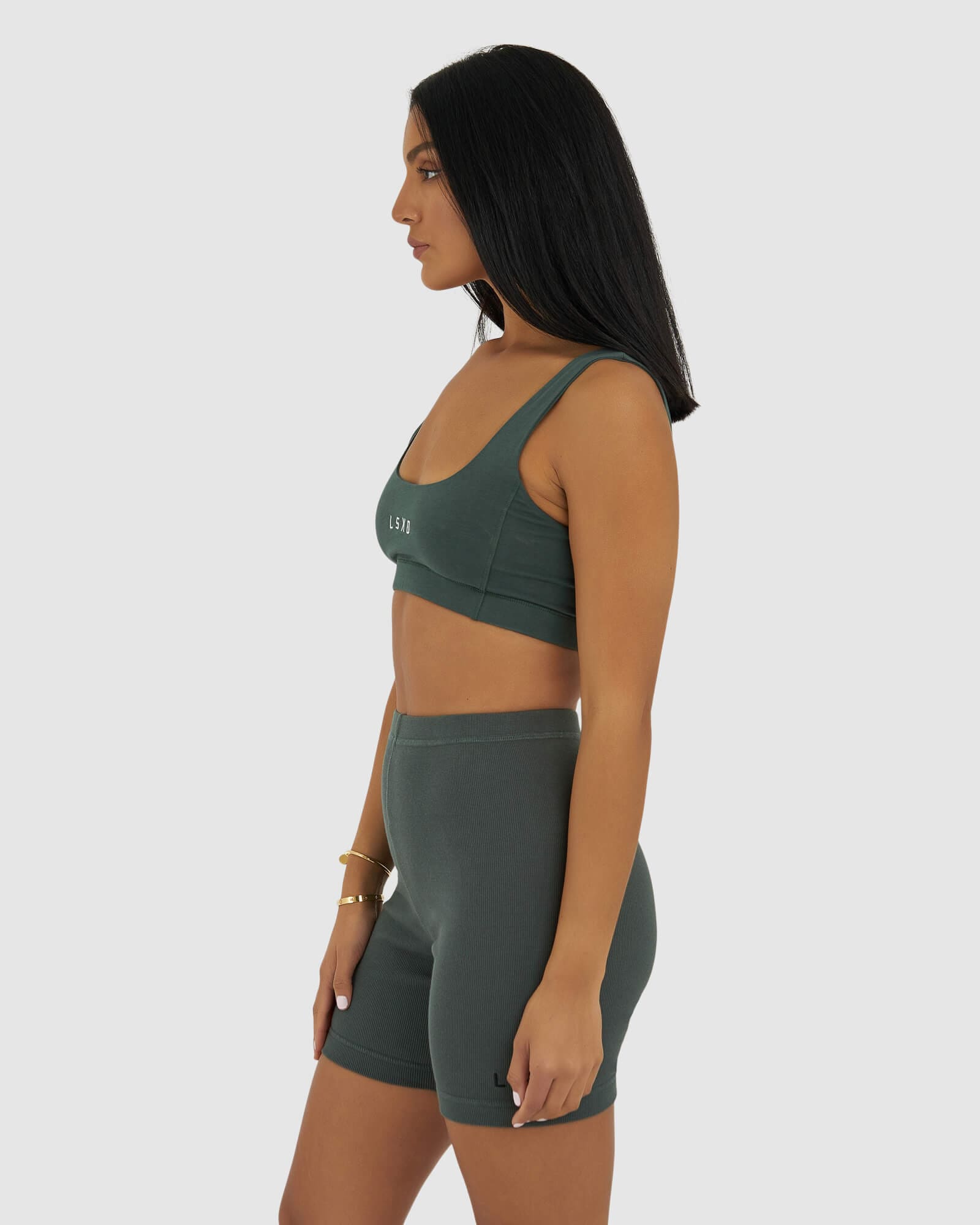 Model wearing Willow Lounge Bra - Carbon Green