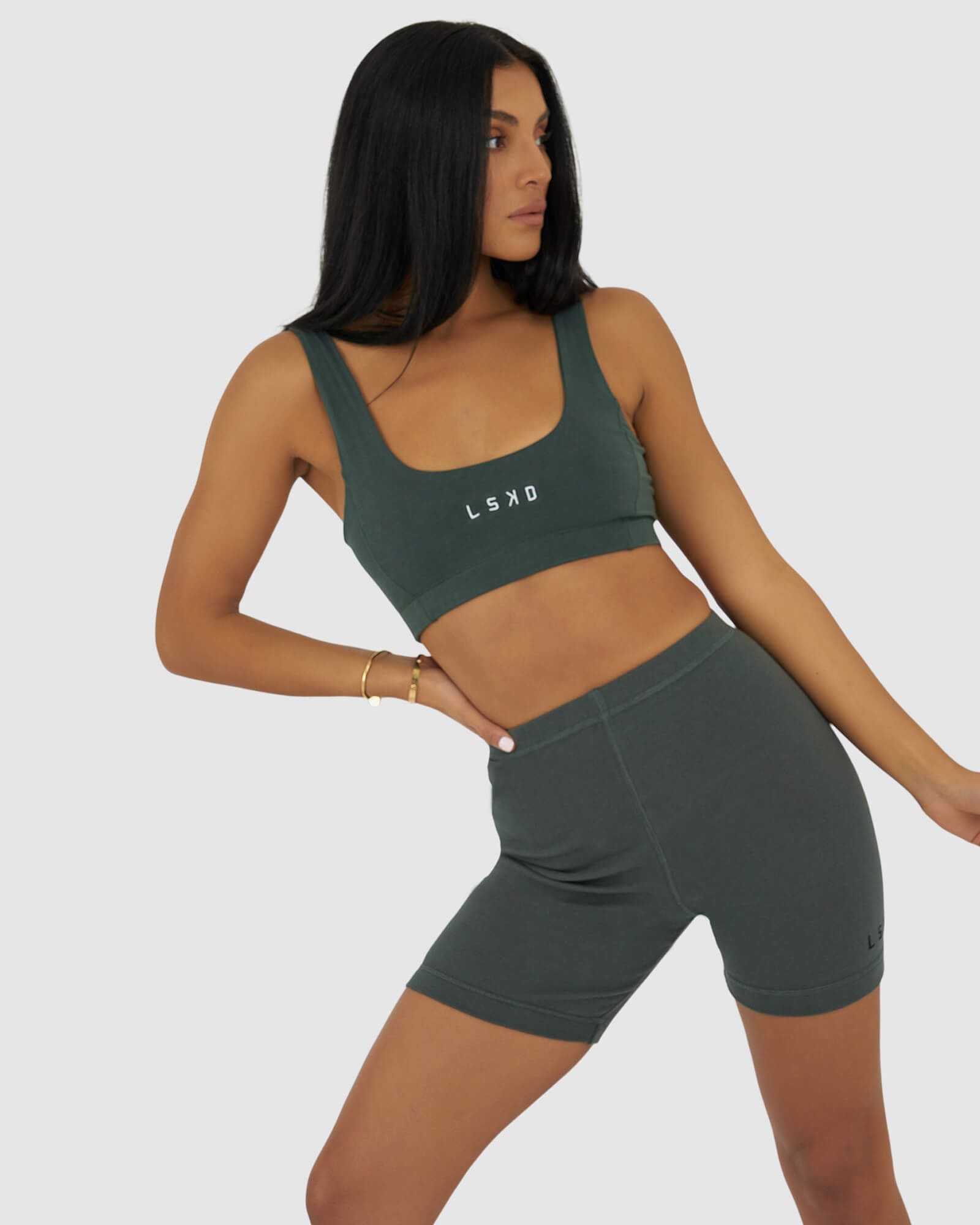 Model wearing Willow Lounge Bra - Carbon Green