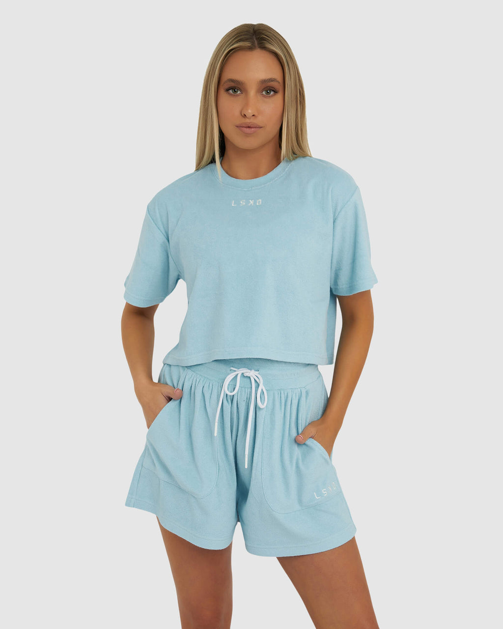 Model wearing Field Crop Tee - Blue