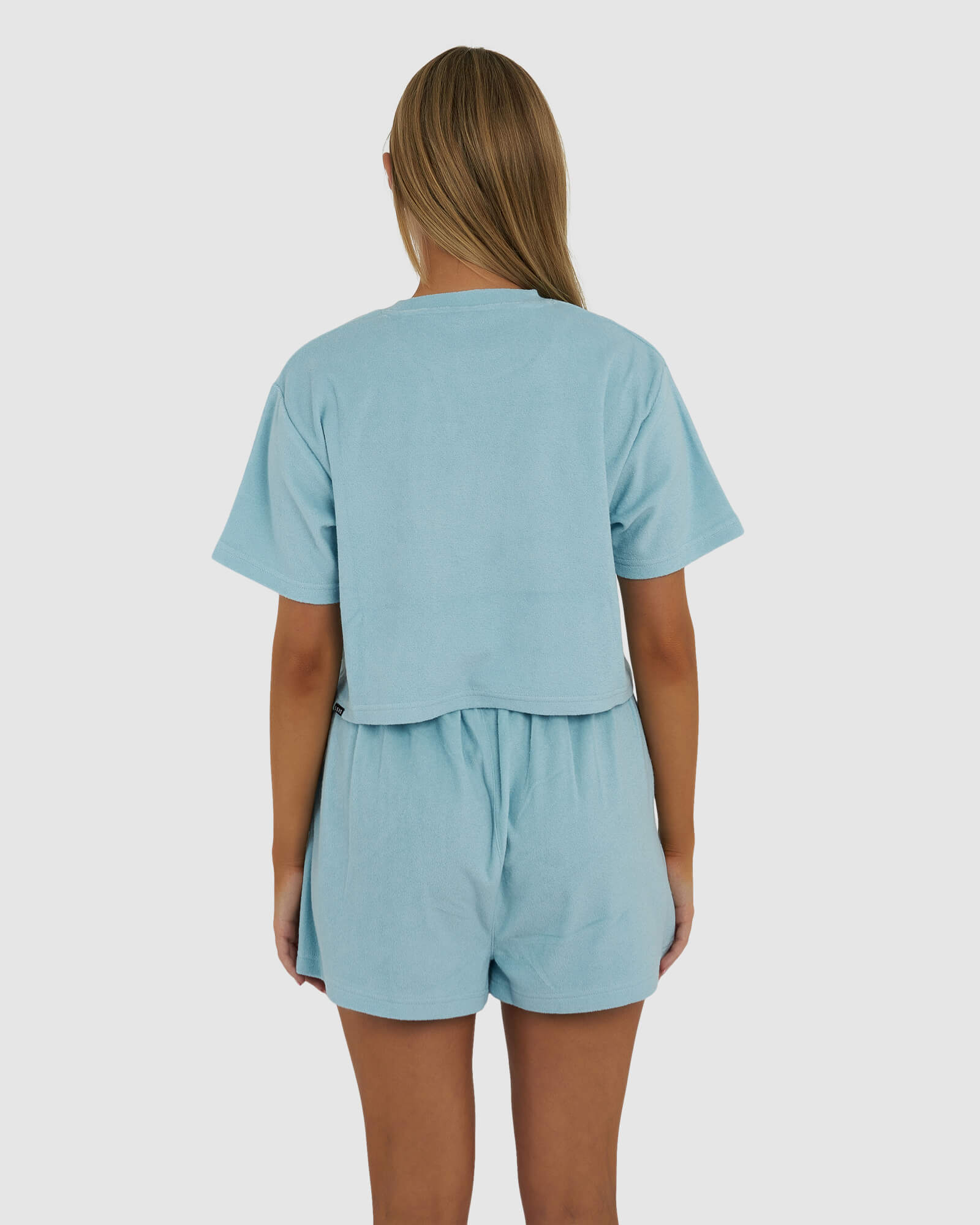 Model wearing Field Crop Tee - Blue