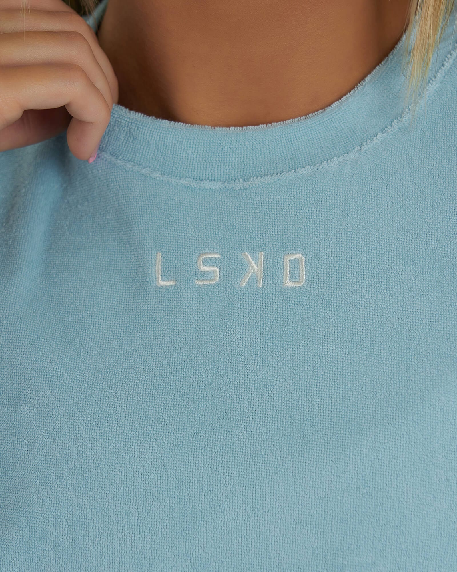 Model wearing Field Crop Tee - Blue