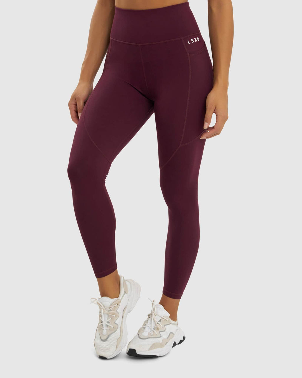 Model wearing Rep Full Length Tight Small Logo - Wine