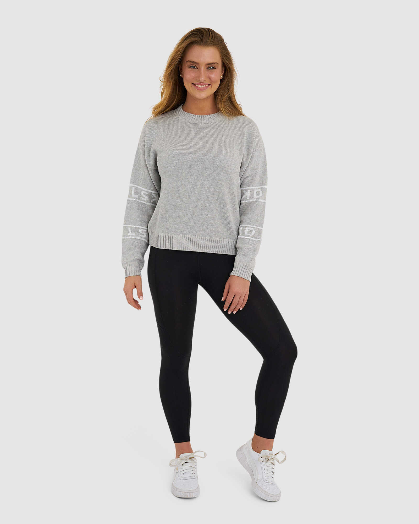 Model wearing Banded Knit Sweater - Lt Grey Marl