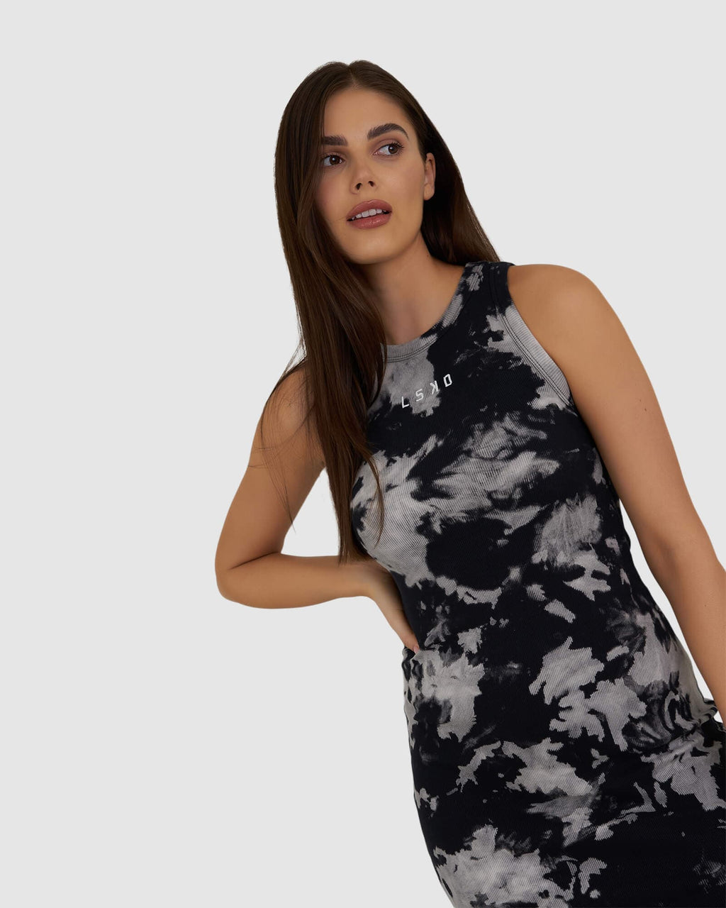 Model wearing Field Ribbed Tank Dress - Black Ink