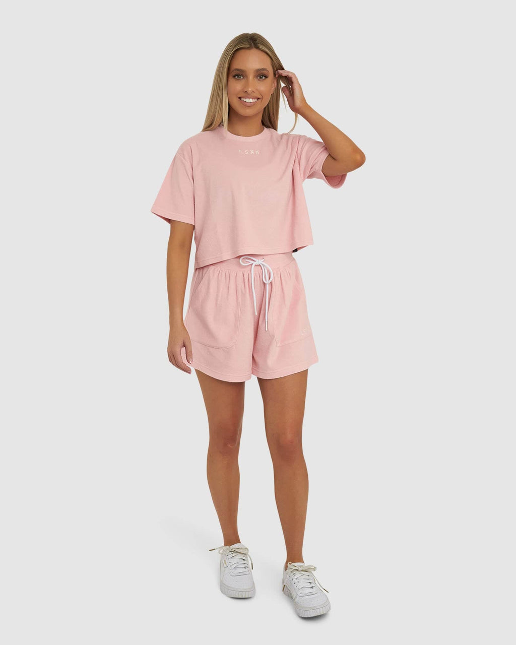 Model wearing Field Crop Tee - Pink