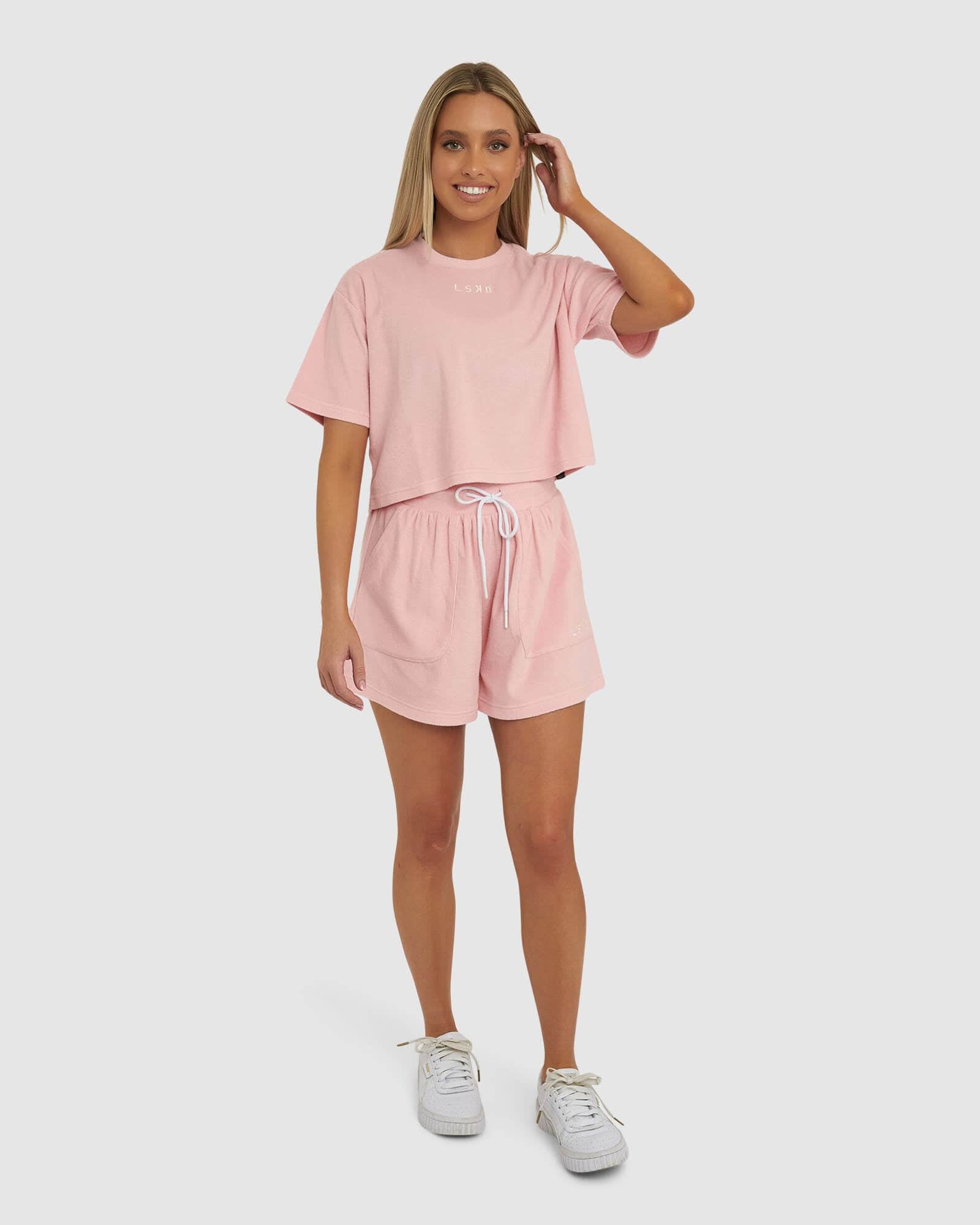 Model wearing Field Crop Tee - Pink