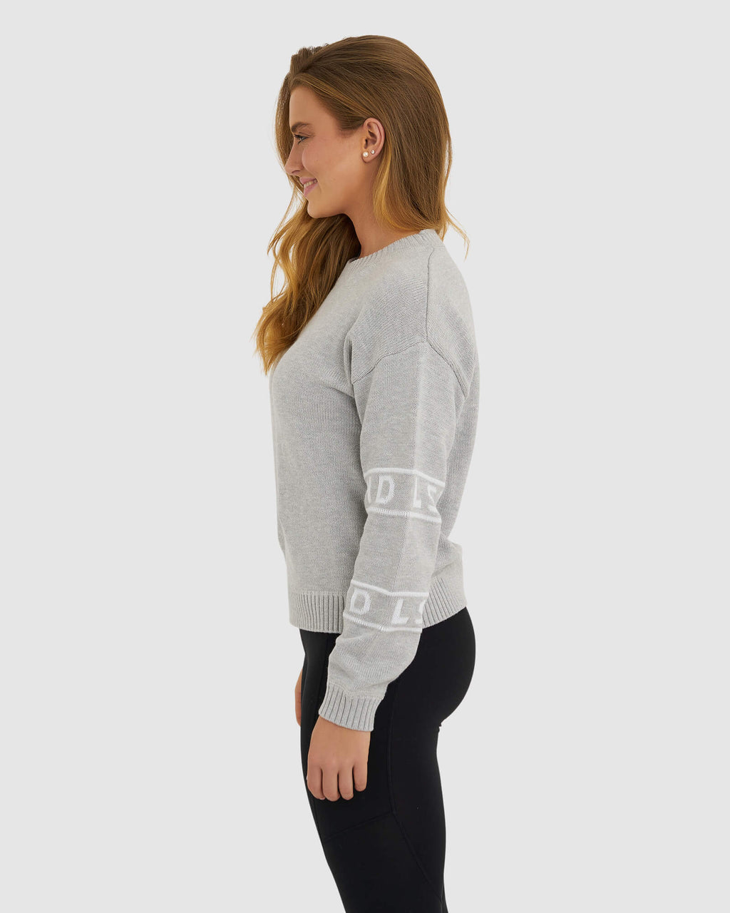 Model wearing Banded Knit Sweater - Lt Grey Marl
