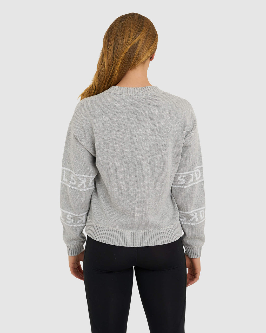 Model wearing Banded Knit Sweater - Lt Grey Marl