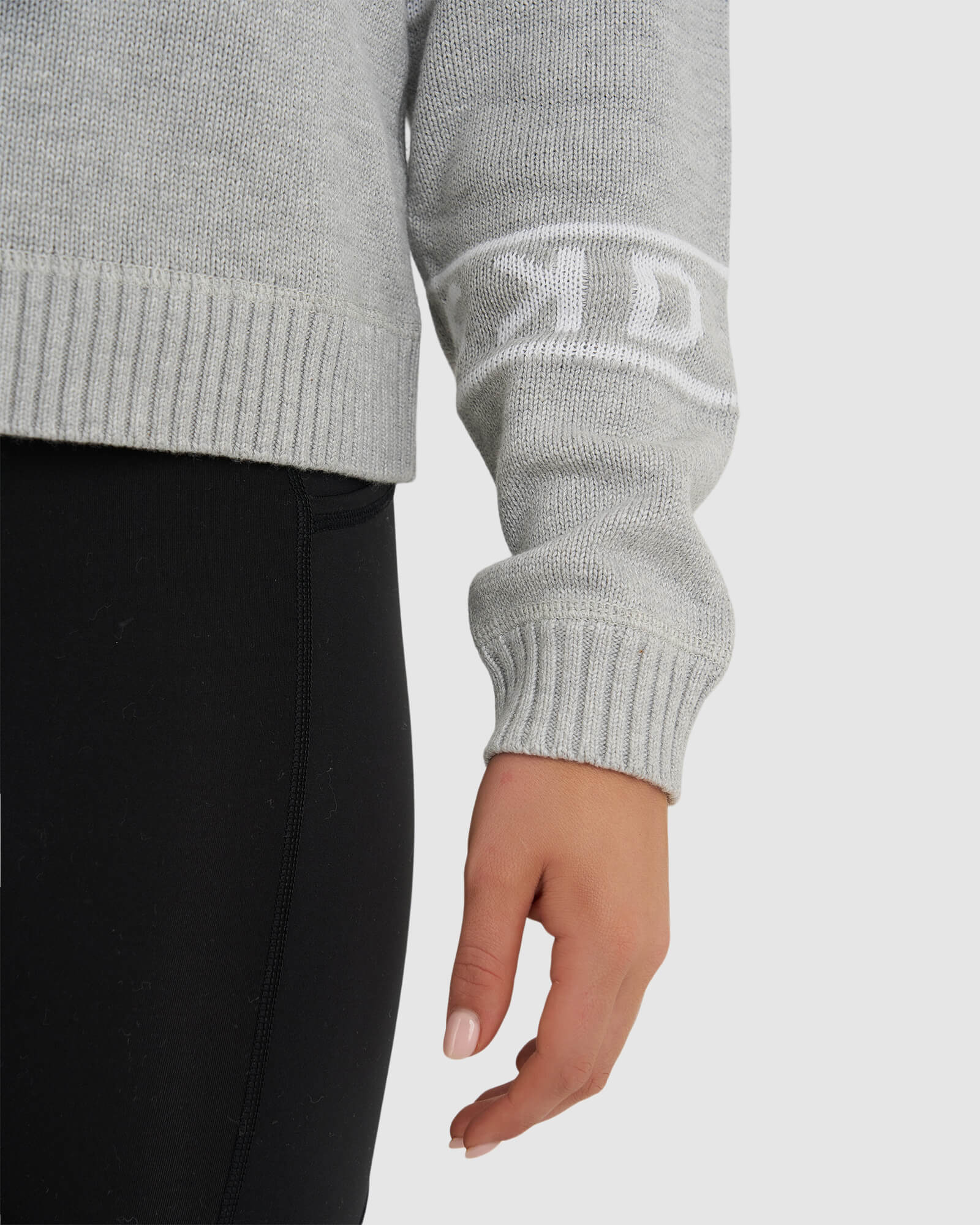 Model wearing Banded Knit Sweater - Lt Grey Marl