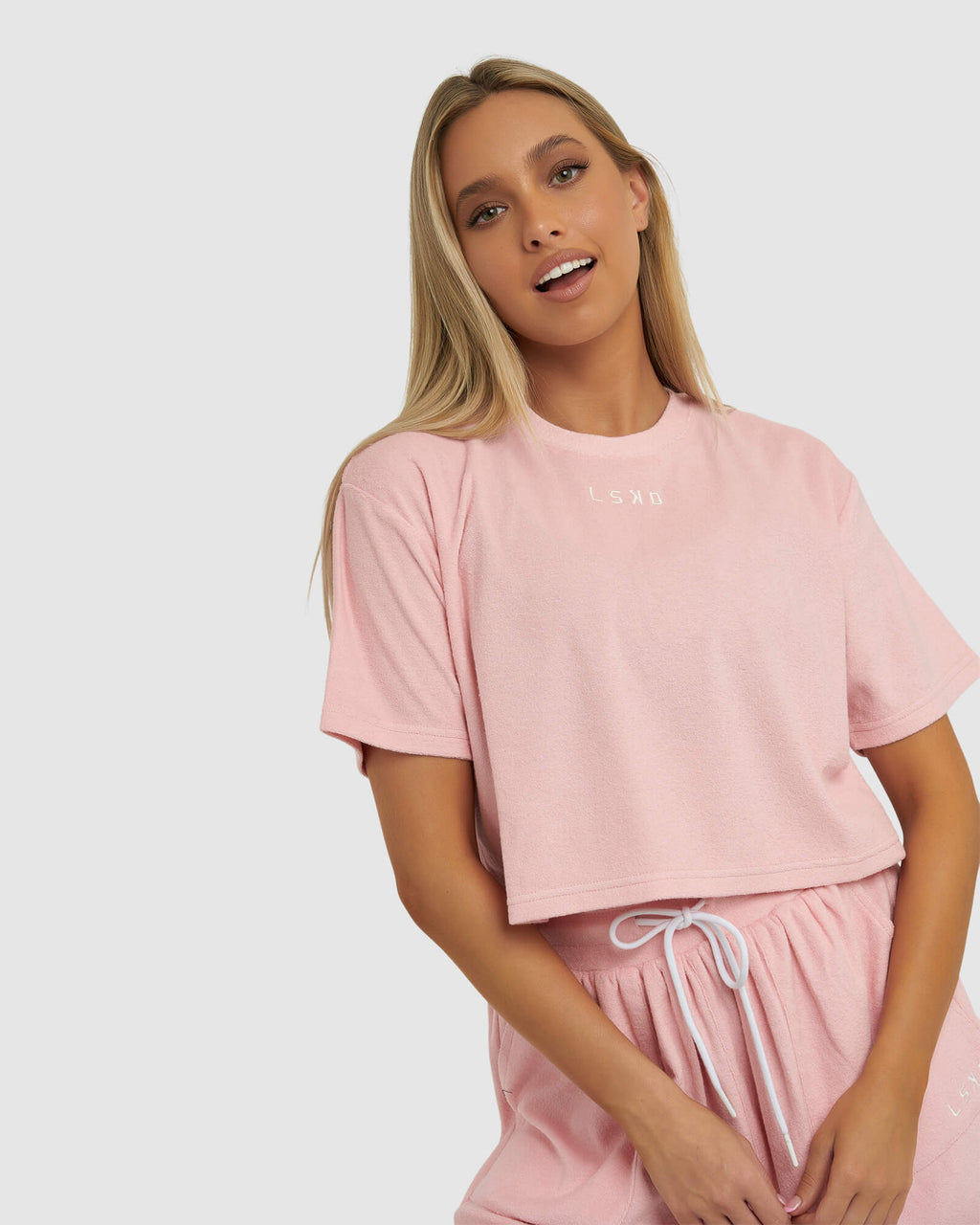 Model wearing Field Crop Tee - Pink