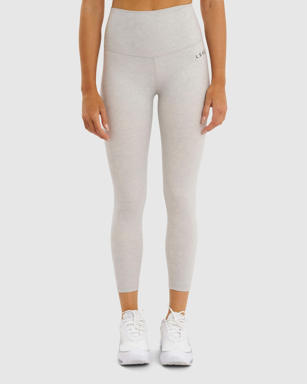 Model wearing Base 7/8 Length Tight - Lt Grey Marl