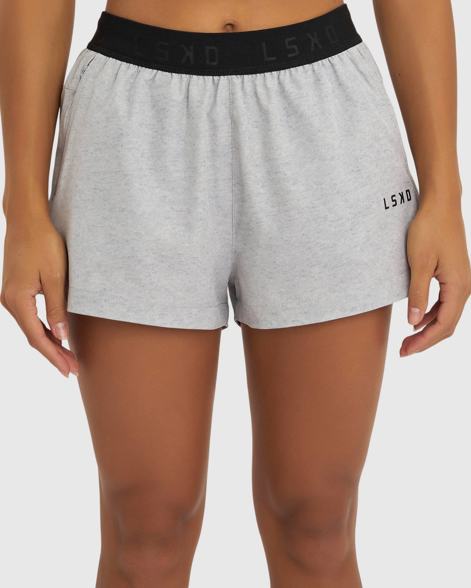Model wearing Competition Performance Short - Light Grey Marl