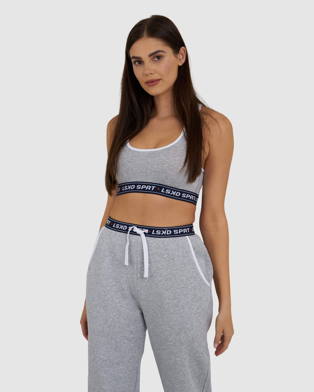 Model wearing Challenge Lounge Bra - Lt Grey Marl