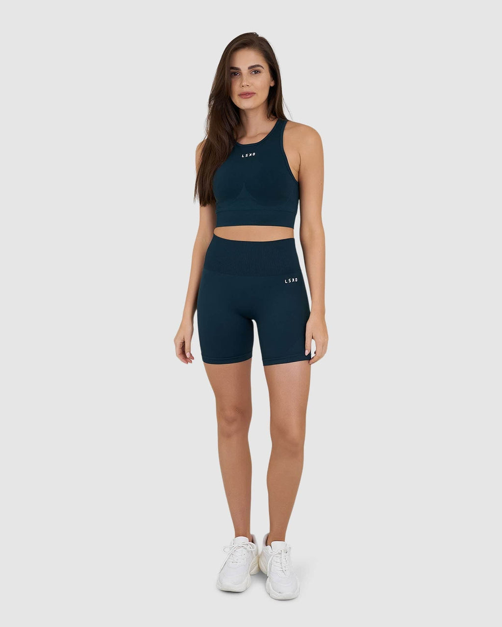 Model wearing Limitless Seamless Crop Top - Deep Teal