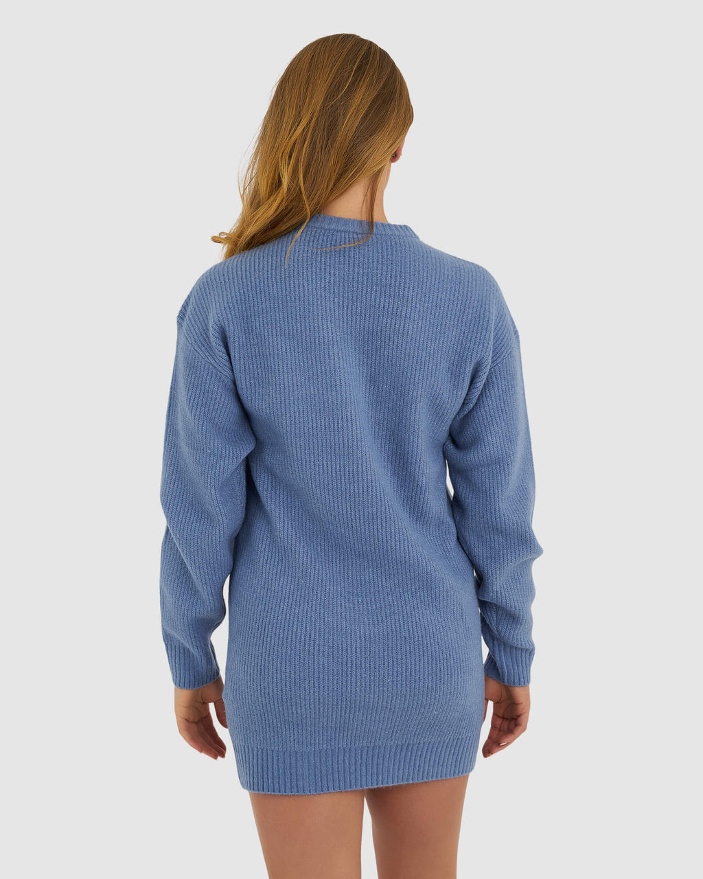 Model wearing Cornerstone Knit Sweater Dress - Dusty Blue