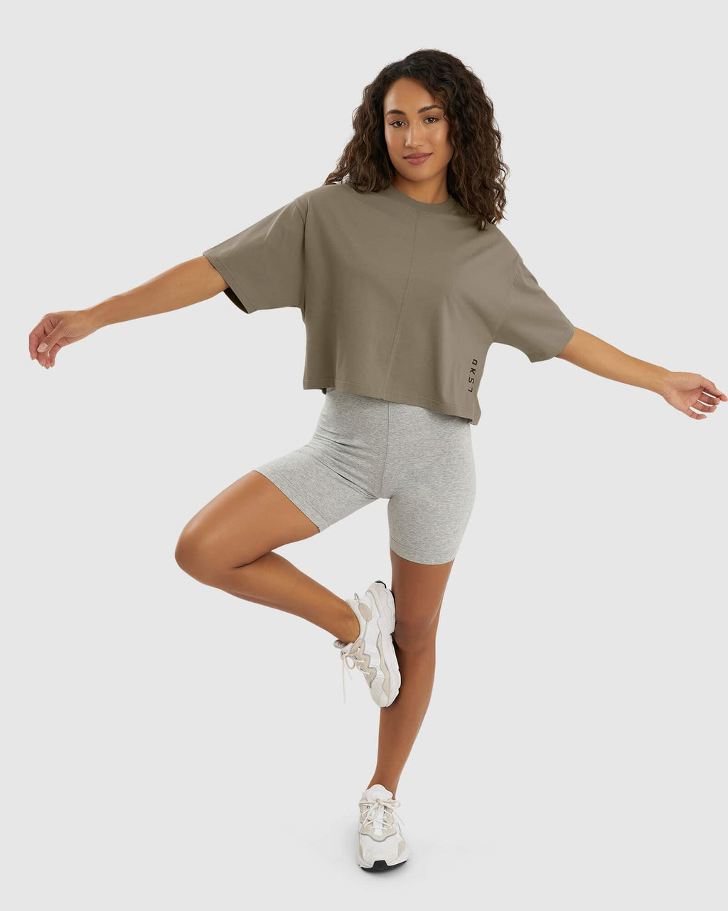 Model wearing Bella Tee - Laurel Oak