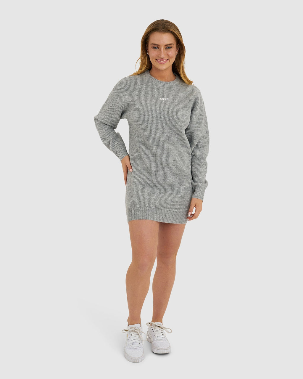 Model wearing Cornerstone Knit Sweater Dress - Grey Marl