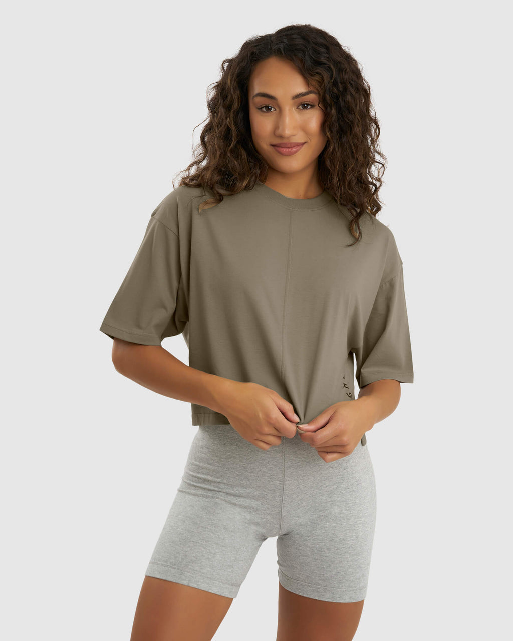 Model wearing Bella Tee - Laurel Oak