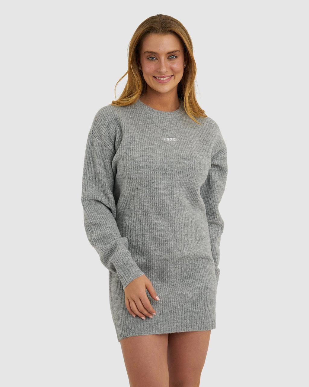 Model wearing Cornerstone Knit Sweater Dress - Grey Marl