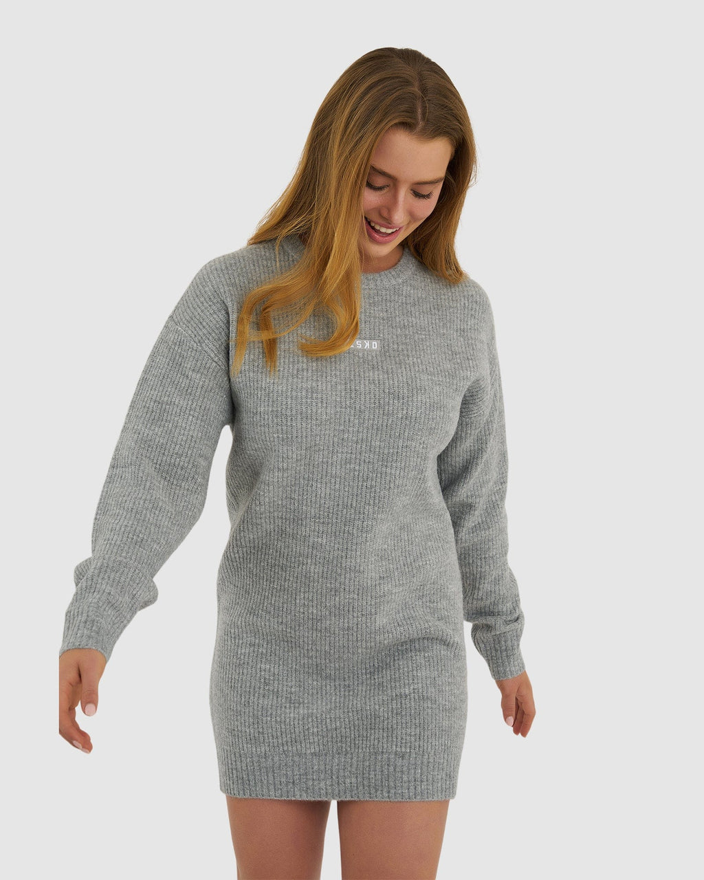 Model wearing Cornerstone Knit Sweater Dress - Grey Marl