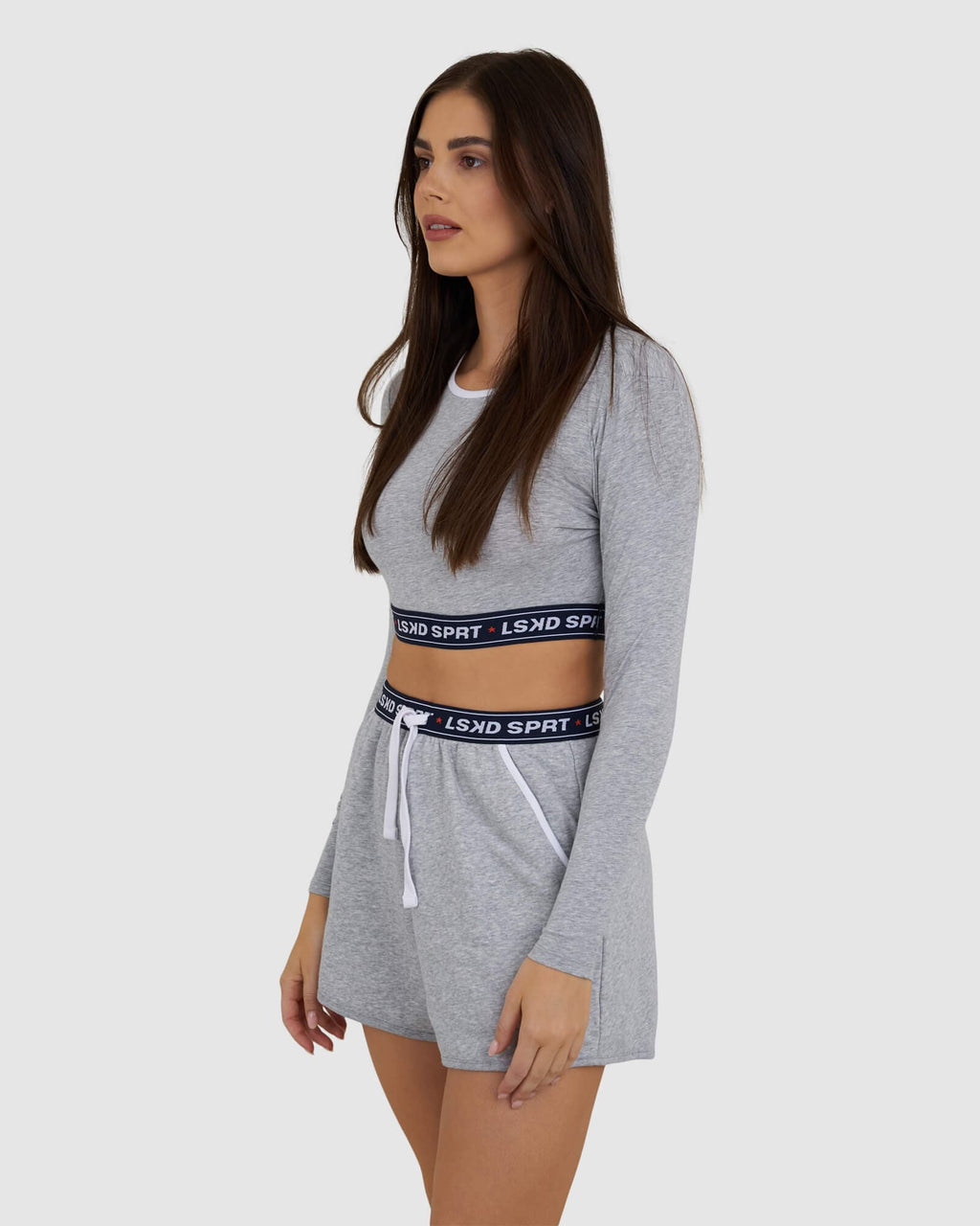 Model wearing Challenge Lounge LS Top - Lt Grey Marl