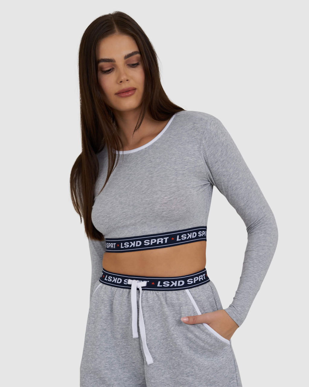 Model wearing Challenge Lounge LS Top - Lt Grey Marl