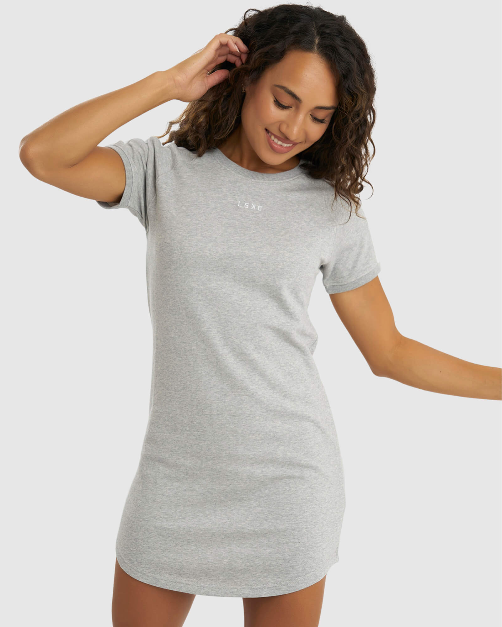 Model wearing Shooter Tee Dress - Lt Grey Marl