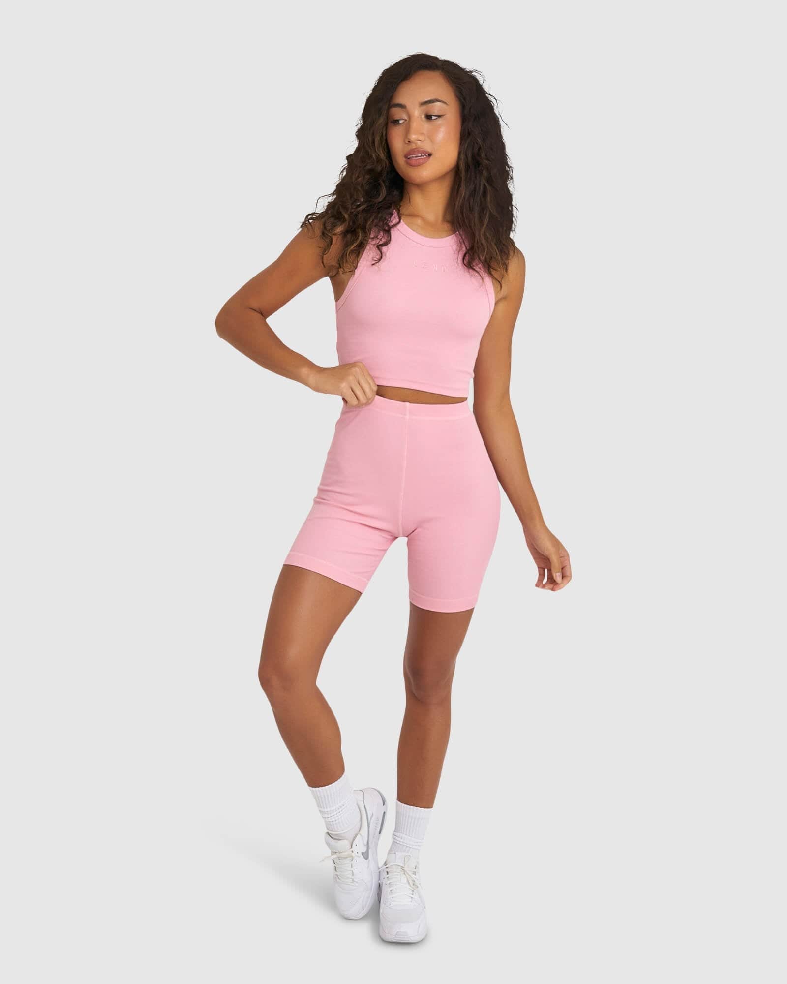 Model wearing Crop Field Ribbed Tank - Sweet Pink