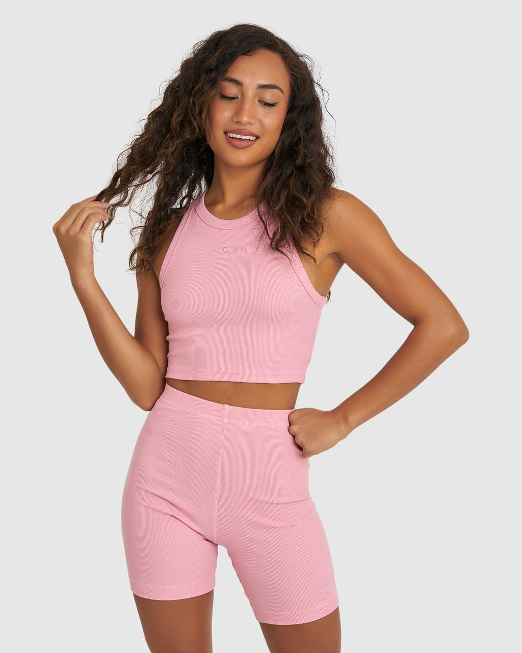 Model wearing Crop Field Ribbed Tank - Sweet Pink