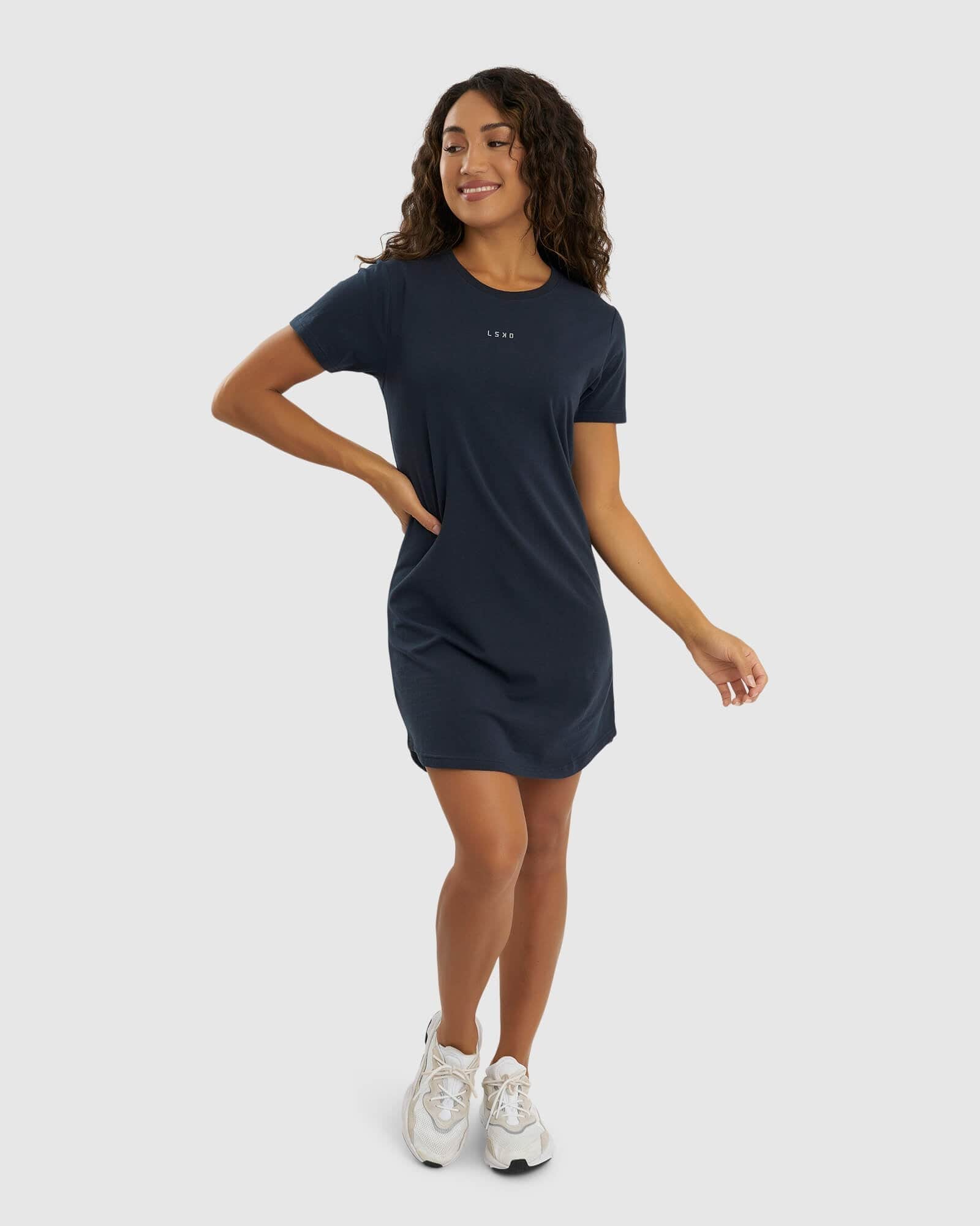 Model wearing Base Tee Dress - Carbon