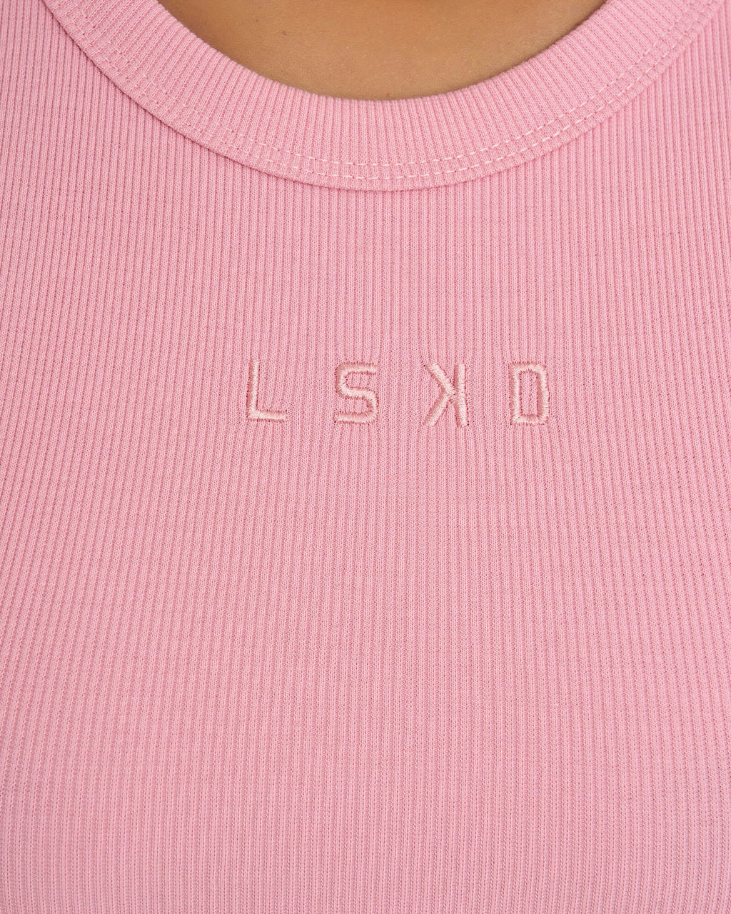 Model wearing Crop Field Ribbed Tank - Sweet Pink