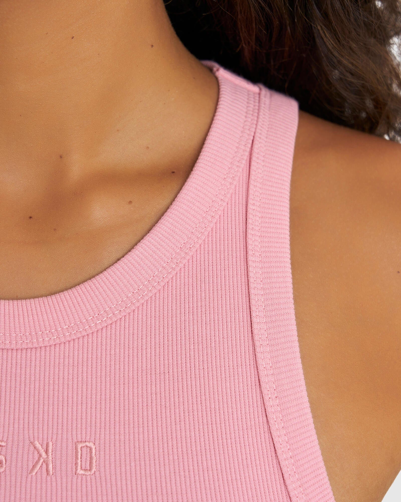 Model wearing Crop Field Ribbed Tank - Sweet Pink