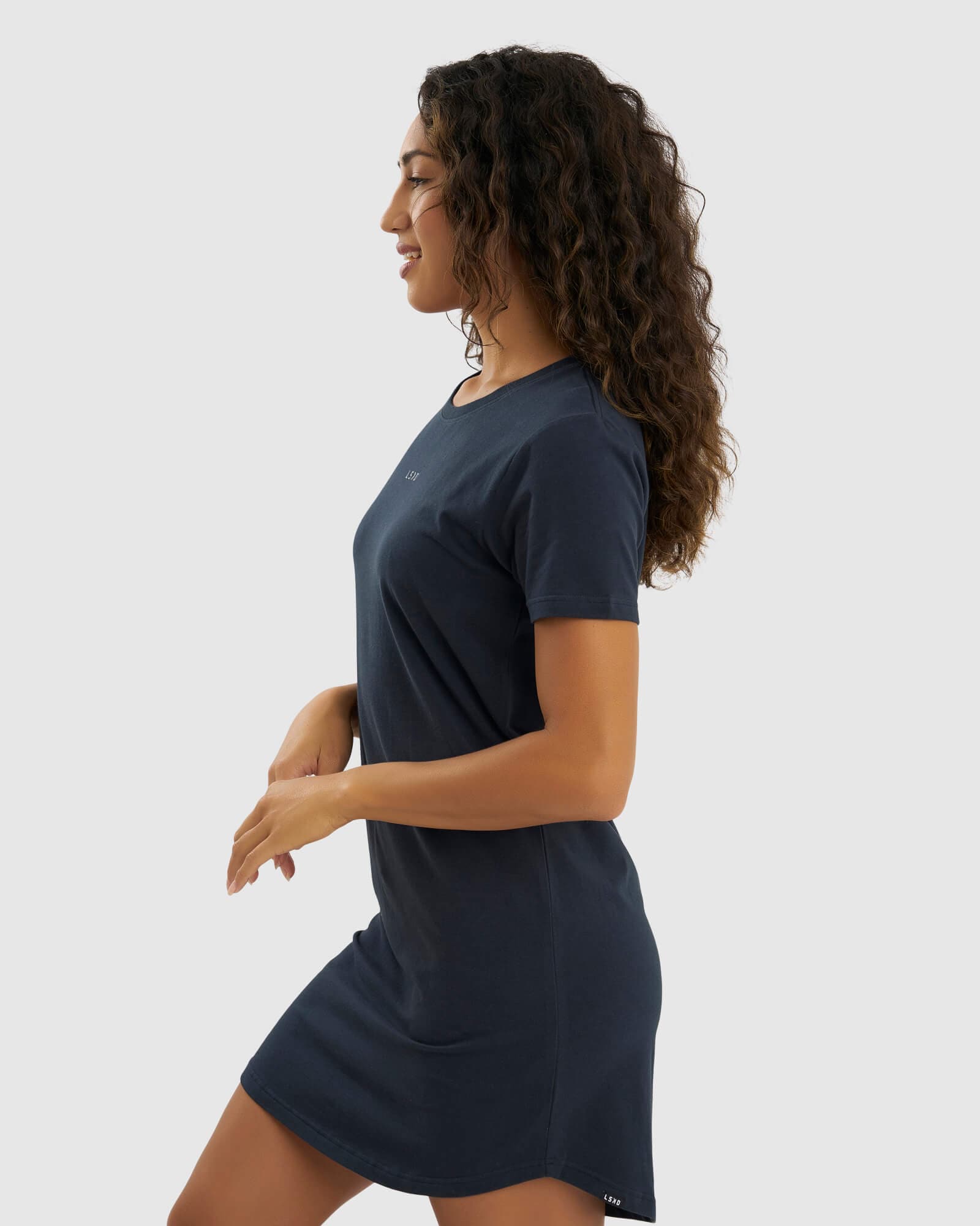 Model wearing Base Tee Dress - Carbon