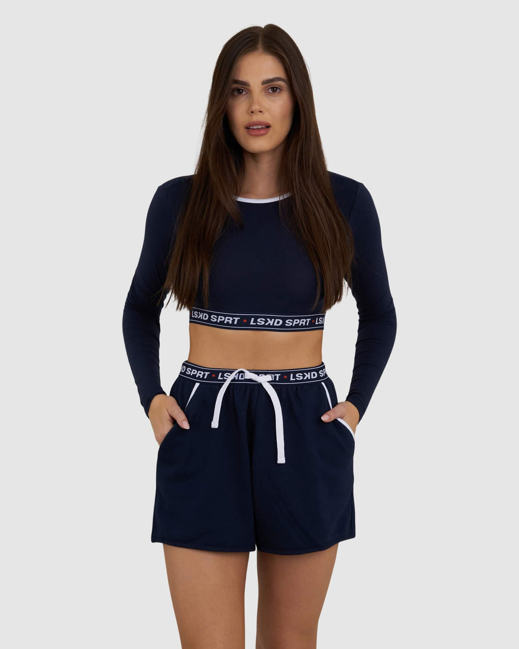 Model wearing Challenge Lounge LS Top - Navy