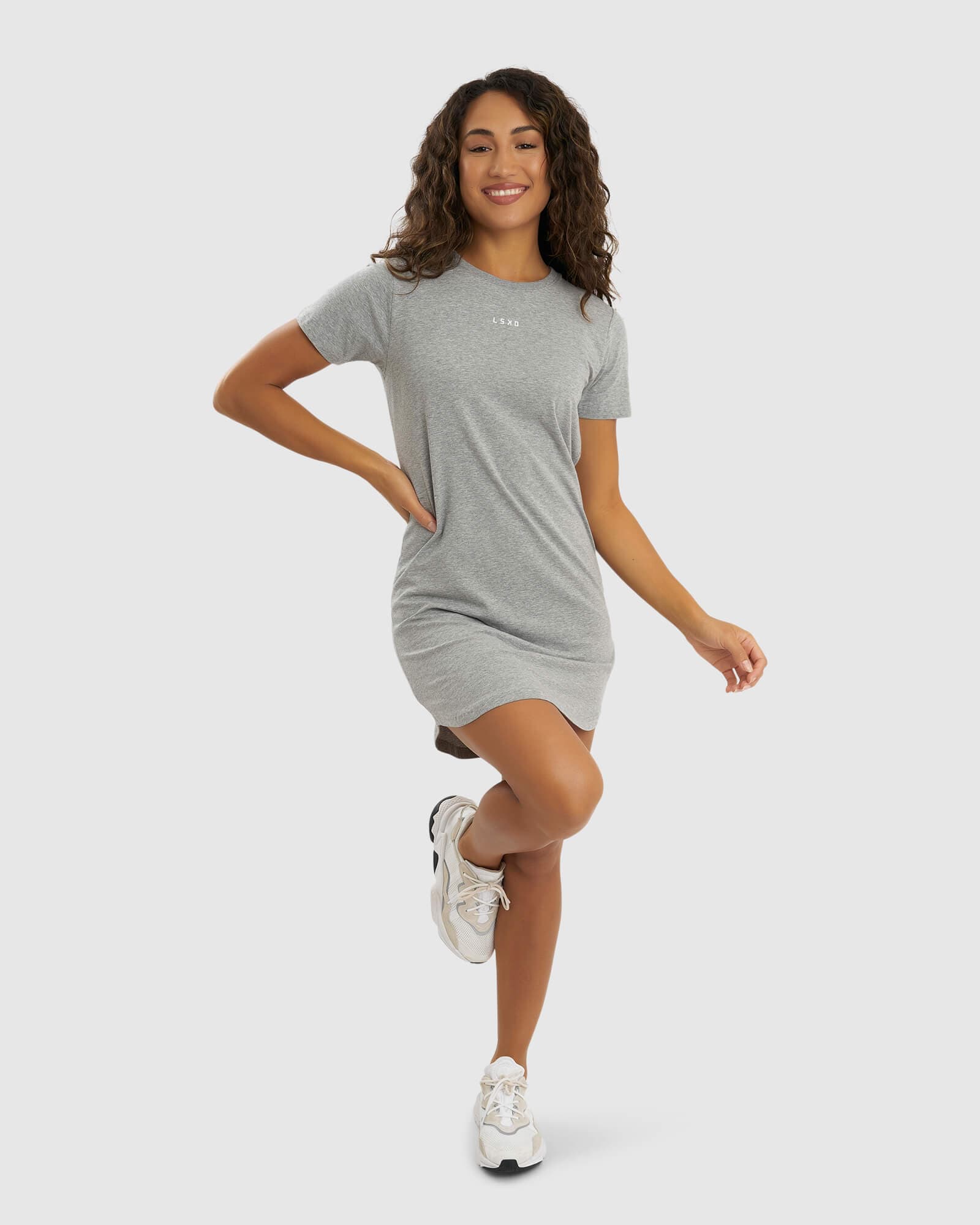 Model wearing Base Tee Dress - Lt Grey Marl