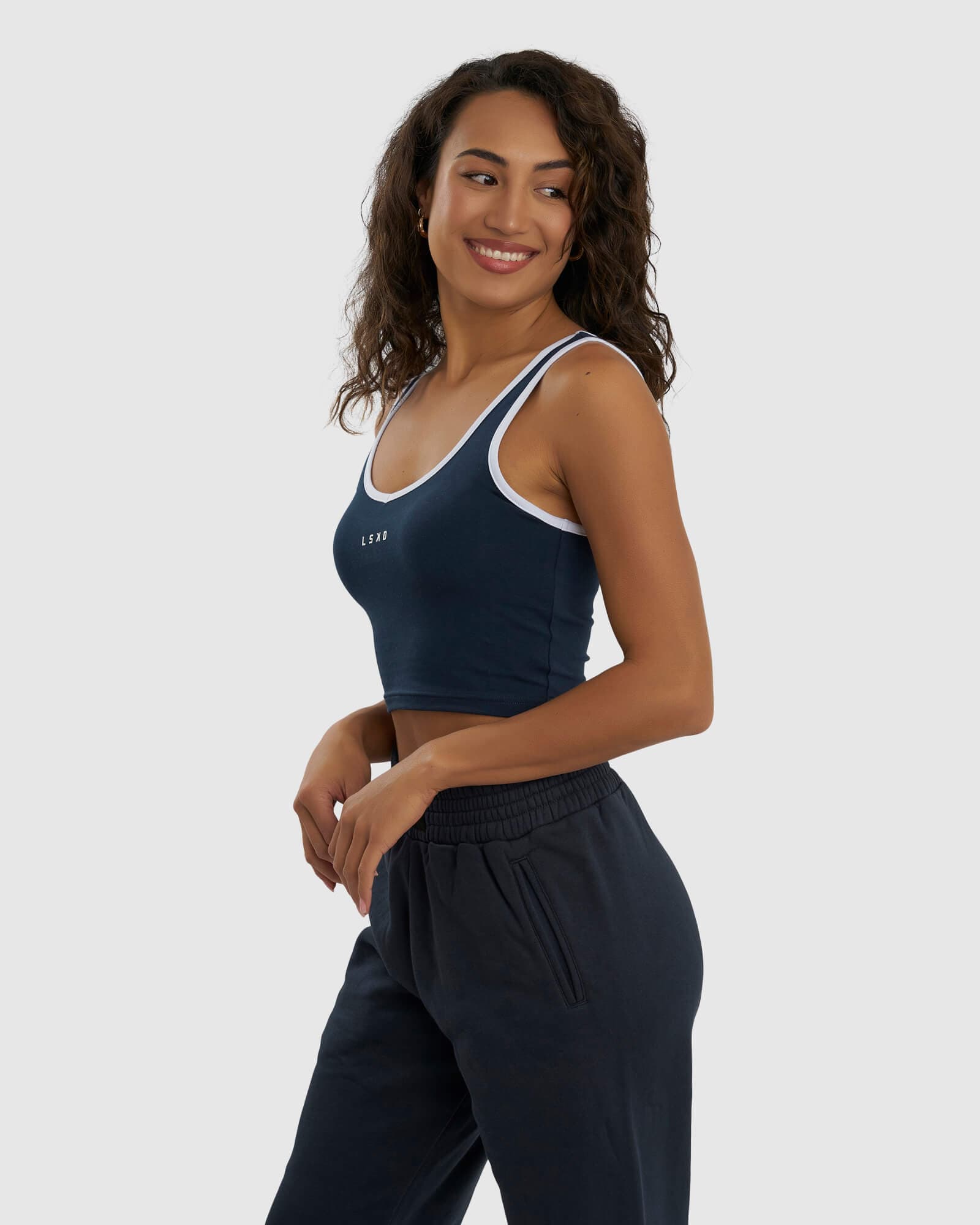 Model wearing Knockout Tank - Carbon