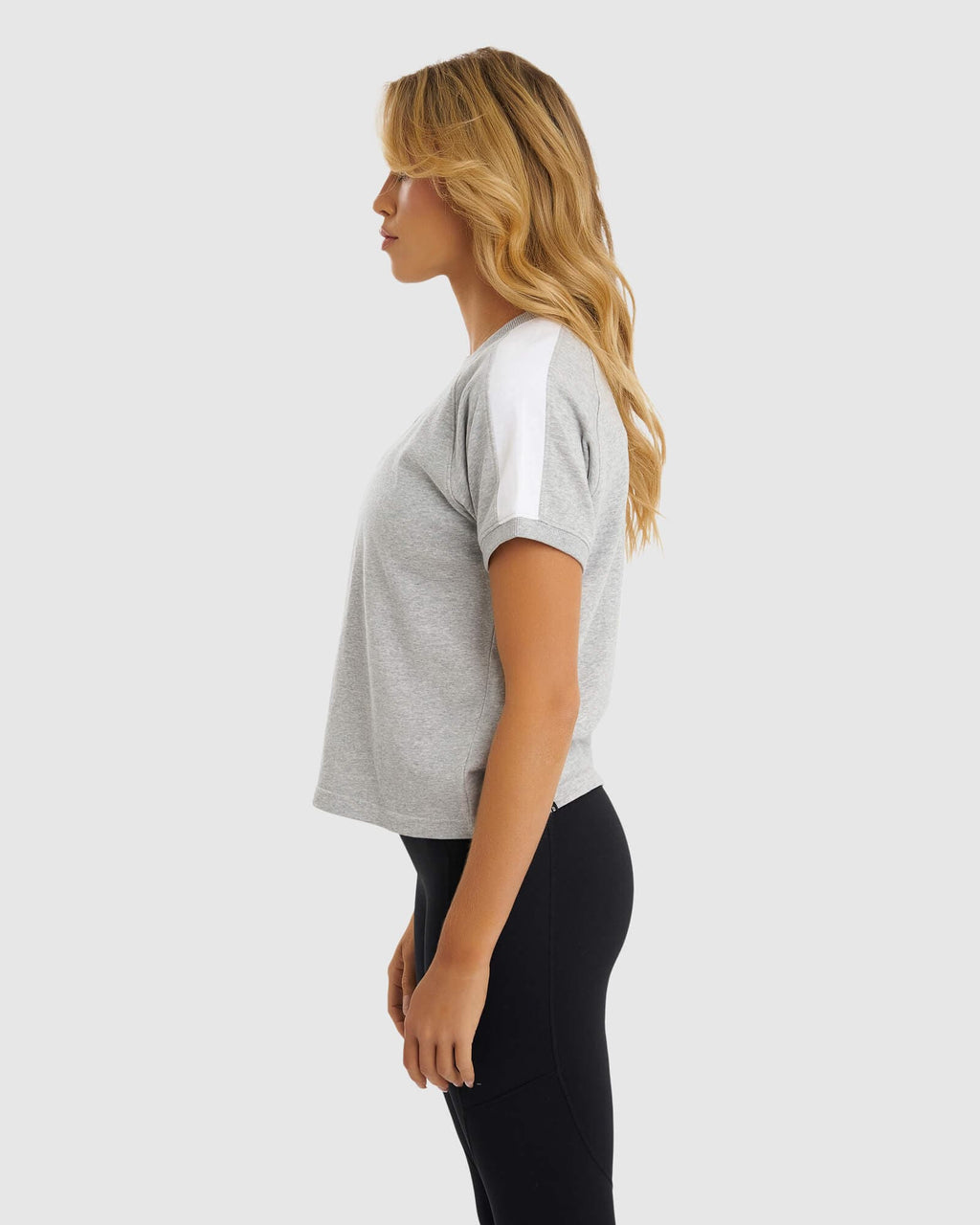 Model wearing Shooter Tee - Lt Grey Marl